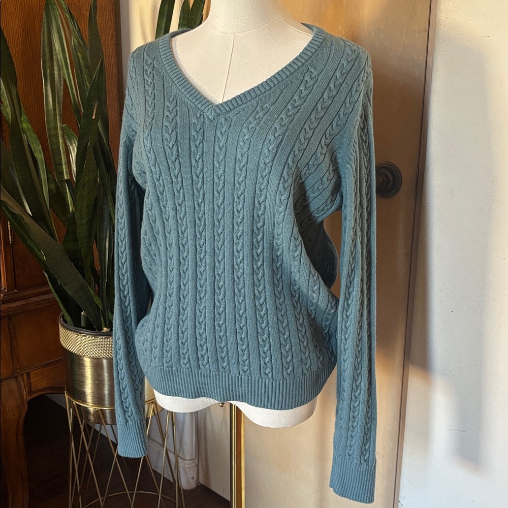 Angora Cable Knit Sweater Eddie Bauer Blue - V neck